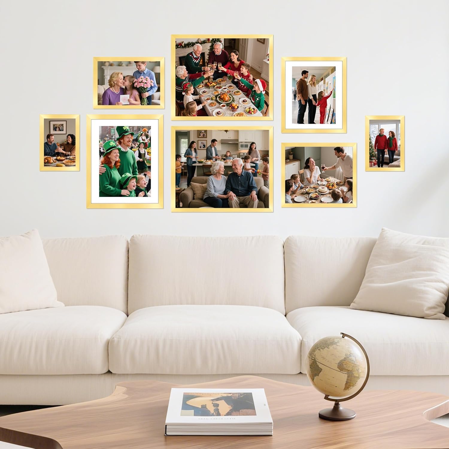 HOMERHYME 8x10 Picture Frame Set of 8, Gold Photo Frames for Gallery Wall Mounting or Table Display, Display Pictures 5x7 with M